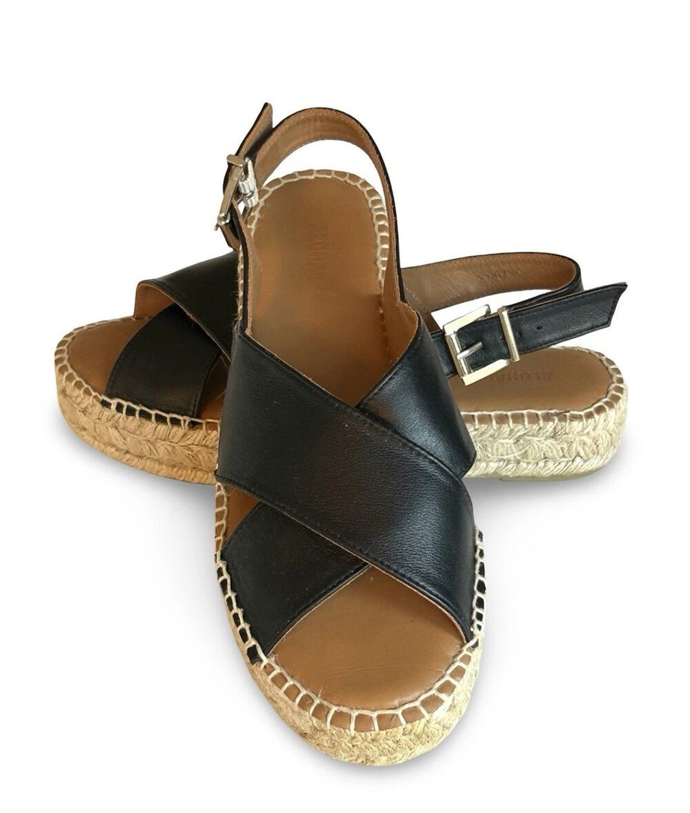 Alohas Espadrille Crossed Platform Sandals Size 38 US 7.5 Black Leather Strappy